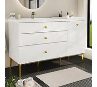 ZKLOEP Armario de baño blanco con dorado, armario bajo lavabo de cerámica, armario de baño con cajones y armario, moderno mueble de baño para cuarto de baño