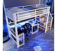 ZKLOEP Cama alta 90 x 200 cm con marco de hierro, compartimento de almacenamiento, estructuras de escaleras con espacio de almacenamiento, barandilla de seguridad, barra de luz LED, escritorio con
