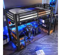 ZKLOEP Cama alta 90 x 200 cm, marco de hierro, compartimento, estructuras de escaleras con espacio de almacenamiento, barandilla de seguridad, barra de luz LED, escritorio, conexión USB, sin colchón