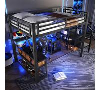 ZKLOEP Cama alta de 140 x 200 cm con marco de hierro, compartimento de almacenamiento, estructuras de escaleras con espacio de almacenamiento, barandilla de seguridad, barra de luz LED, escritorio