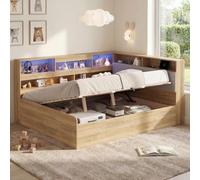 ZKLOEP Cama de día, cama de almacenamiento hidráulico, cama infantil de 140 x 200 cm, cama juvenil, con estación de carga USB e iluminación LED, color natural, natural
