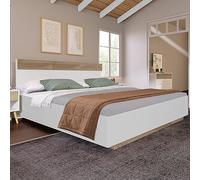 ZKLOEP Cama doble de madera flotante, 205 x 184 x 90,5 cm, con cabecero de estructura de cama y somier de láminas en roble Sonoma/blanco (sin colchón)