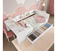 ZKLOEP Cama plana de 90 x 200 cm con escritorio, 2 cajones y estantes, madera de pino+aglomerado, blanco - Cama individual (sin colchón)