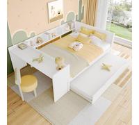 ZKLOEP Cama plana de madera, 140 x 200 cm, con escritorio, cama plegable, cama doble (sin colchón), con estantes, pino+tablero de partículas, color blanco