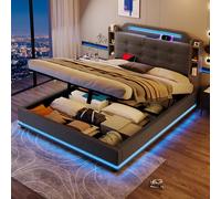 ZKLOEP Cama tapizada, 140 x 200 cm, con tira de luz LED, espacio de almacenamiento hidráulico, varios compartimentos, sin colchón, USB + Type-C, lino, gris