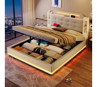 ZKLOEP Cama tapizada, 140 x 200 cm, con tira de luz LED, espacio de almacenamiento hidráulico, varios compartimentos, sin colchón, USB + Type-C, lino, beige