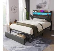 ZKLOEP Cama tapizada de 90 x 200 cm con función de carga USB tipo C, cabecero de almacenamiento e iluminación LED y cajones, cama individual con somier de láminas de marco de metal, gris (con colchón)