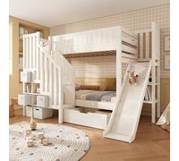 ZKLOEP Litera infantil de 90 × 200 cm con tobogán, armario, cajones grandes y estante abierto, color blanco, somier de láminas, seguridad EN747-1:2024, ideal para familias con varios niños, sin