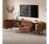 ZKLOEP Mueble de TV estilo mediados de siglo con 3 puertas, 2 cajones, pasacables en nogal, con ranuras verticales, relieves arqueados, esquinas redondeadas y patas de metal