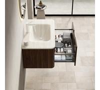 ZKLOEP Roz - Lavabo de baño de 80 cm con travertino Roma travertino, piedra curvada en caliente, armario de madera contrachapada a rayas con cajón, premontado