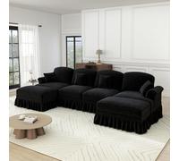 ZKLOEP Sofá modular clásico en forma de U de chenilla de 4 plazas con reposabrazos de embudo, delantal con volantes desmontables, patas en forma de husillo y taburete móvil, para salón, color blanco