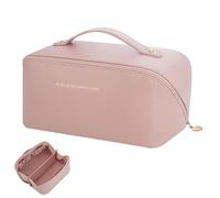 ZKSXOA Bolsa de Cosméticos de Viaje de Gran Capacidad, Bolsa de Maquillaje de PU, Bolsa Multifuncional y Portátil de Viaje con Asa y Cremallera, Rosa