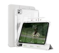 ZKTUYU Funda híbrida para iPad Pro de 11 pulgadas M4 2024 de 5ª generación con soporte para lápiz/2 en 1 Tapa deslizante extraíble triple plegada, carcasa trasera transparente (gris claro)