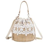 Zkydhbd Elegante bolso cruzado de paja para mujer con delicado ribete de encaje, bolso de hombro de paja casual, espacioso bolso interior, flores, One Size