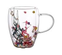Zkydhbd Taza de café de vidrio de doble pared de 350 ml, taza transparente para capuchinos con flores secas, cristalería elegante, decoración de flores secas
