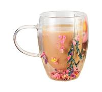 Zkydhbd Taza de café de vidrio de doble pared de 350 ml, taza transparente para capuchinos con flores secas, cristalería elegante, decoración de flores secas
