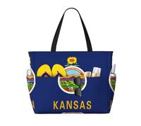 zkyfll Bolsa de playa grande impermeable con estampado de la bandera del estado de Kansas para mujer, bolsa de viaje para viajes, vacaciones, divertida bolsa de viaje