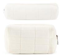 Juego de 2 bolsas de maquillaje para mujer, bolsa de cosméticos pequeña de viaje, bonita bolsa de maquillaje blanca de felpa, bolsa de maquillaje portátil de viaje con cremallera, organizador de