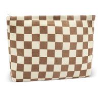 ZLFSRQ Bolsa de maquillaje a cuadros para mujeres y niñas, bolsa de cosméticos de viaje de pana marrón de gran capacidad, bolsa de maquillaje para bolso, organizador de artículos de aseo con