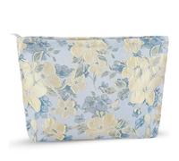 ZLFSRQ Bolsa de maquillaje de flores para mujeres y niñas, bonita bolsa de cosméticos floral, bolsa de cosméticos grande con cremallera, bolsa de aseo portátil, estética en relieve, azul, beige,