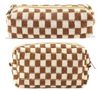ZLFSRQ Juego de 2 bolsas de maquillaje a cuadros para mujer, bolsa de viaje pequeña para cosméticos, bonita bolsa de maquillaje, estuche para lápices, bolsa de aseo con cremallera, organizador de moda
