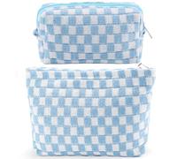 ZLFSRQ Juego de 2 bolsas de maquillaje a cuadros para mujer, grande, pequeña, a cuadros, estuche estético, bonito estuche para lápices, bolsa de maquillaje azul para bolso, bolsas de aseo de viaje
