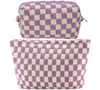 ZLFSRQ Juego de 2 bolsas de maquillaje a cuadros para mujer, grande, pequeña, a cuadros, estuche estético, bonito estuche para lápices, bolsa de maquillaje púrpura para bolso, bolsas de aseo de viaje