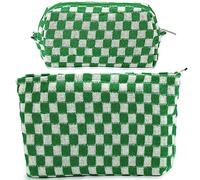 ZLFSRQ Juego de 2 bolsas de maquillaje a cuadros para mujer, grande, pequeña, a cuadros, estuche estético, bonito estuche para lápices, bolsa de maquillaje verde para bolso, bolsas de aseo de viaje
