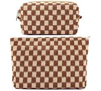 Bolsa de maquillaje a cuadros para mujer, bolsa de cosméticos rosa de gran capacidad, bolsa de maquillaje de viaje para bolso, organizador de artículos de tocador con cremallera, lindo Y2K estético
