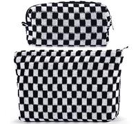 ZLFSRQ Juego de 2 bolsas de maquillaje a cuadros para mujer, grande, pequeña, a cuadros, estuche estético, bonito estuche para lápices, bolsa de maquillaje negra para bolso, bolsas de aseo de viaje