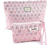 ZLFSRQ Juego de 2 bolsas de maquillaje de corazón rosa para mujer, bolsa de maquillaje grande y pequeña con cremallera para bolso, estuche para lápices, organizador de neceser portátil estético,