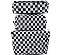 ZLFSRQ Juego de 3 bolsas de maquillaje a cuadros para mujer, grande, pequeña, a cuadros, estuche estético, bonito estuche para lápices, bolsa de maquillaje negra para bolso, bolsas de aseo de viaje