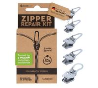 Zlideon Kit de Reparación de Cremalleras Estrechas - 5 Piezas Plateado | Deslizador de Repuesto Instantáneo para Vestidos, Ropa de Cama, Chaquetas Ligeras y Interior de Bolsos | Fabricado en Alemania