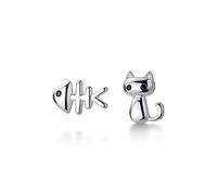 ZLING Pendientes De Tuerca De Circonia Cúbica para Mujer, De Plata De Ley 925 Auténtica, con Diseño De Hueso De Pez Y Gato Asimétrico, Joyería De Boda