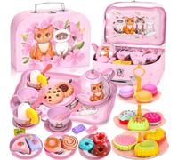 ZLPBAO Juego de té para niños de 50 piezas, Juego de té Infantil, Diseño de lindo gato Servicio de té Juguete, vajilla Infantil Juegos de Simulación de Cocina, Juguete Regalo para Niñas 3 4 5 6 7 años
