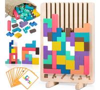 ZLPBAO Puzzle de Madera Tetris con 10 Tarjetas y Bolsa de Almacenamiento, Rompecabezas Niños, Tetris Puzzle 3D Madera,Juguetes Sensoriales, Juegos Montessori 3 4 5 6 Años