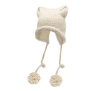 ZLYC Crochet Hat Knit Cat Ear Slouchy Beanie Boina, Pom Pom Beige, Talla única Mujeres