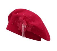 ZLYC Gorro de Boina Francesa para Mujer, Reversible, Color sólido, Mosaico de Cachemira, Boina cálida para niñas, Colgante de Flor roja, Talla única
