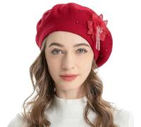 ZLYC Gorro de Boina Francesa para Mujer, Reversible, Color sólido, Mosaico de Cachemira, Boina cálida para niñas, Colgante de Flor roja, Talla única
