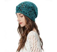 ZLYC Gorro de ganchillo de algodón para mujer, hecho a mano, con flores, para verano, holgado, Azul pavo real sólido., One Size