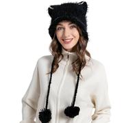 ZLYC Gorro de Ganchillo para Mujer, con Orejas de Gato, Bonito Gorro de Estilo Vintage, Pompón Negro, Talla única