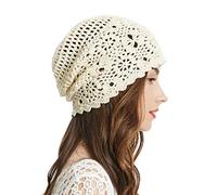 ZLYC Gorro Holgado de algodón para Mujer, Hecho a Mano, de Punto para Verano, con Calavera, Beige Liso, Talla única