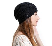 ZLYC Gorro Holgado de algodón para Mujer, Hecho a Mano, de Punto Recortado, para Verano, diseño Floral, Negro Liso, Talla única