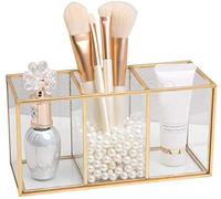 ZLYY Organizador de cosméticos de cristal dorado con 3 compartimentos para guardar brochas de maquillaje, tocador, baño, brochas de maquillaje
