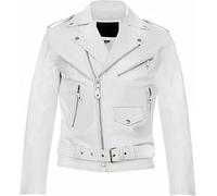 ZM ATTIRE Chaqueta de piel auténtica estilo motociclista clásica para mujer con cinturón, abrigo popular Brando, Piel auténtica, chaqueta blanca, S
