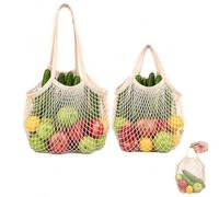 ZMaglorian Lote 2 Redes de Compra de Algodón con Asas Largas - Bolsa para Frutas, Malla de Compras y Bolsa para Juguetes de Arena, Reutilizable - algodón orgánico, resistente, plegable & lavable