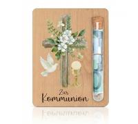 ZMaglorian Tarjeta de Madera Regalo de Dinero para Comunión con Motivo Cruz y Paloma, Incl. Tubito de Vidrio y Caja Regalo, para Niña y Niño - Confirmación, Decoración y Regalo para Ahijados, Padrinos