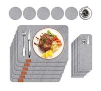 ZMCGNO 6 Set Washable Felt Placemats Table Mats Glass Knife Fork Coasters Cutlery Bags Insulation Pads Absorbent Non-Slip Mat(A3 Light Gray)