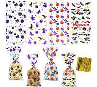 ZMCINER 120 bolsas de celofán de Halloween, bolsas de dulces de Halloween con lazos giratorios para suministros de fiesta de Halloween