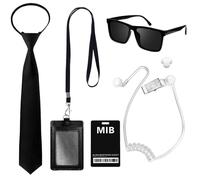 ZMCVOE Accesorios de disfraz para hombre de negro, juego de 10 accesorios de disfraz de agente, kit de disfraz de agente secreto con soportes para identificación, lazos negros, lentes de sol